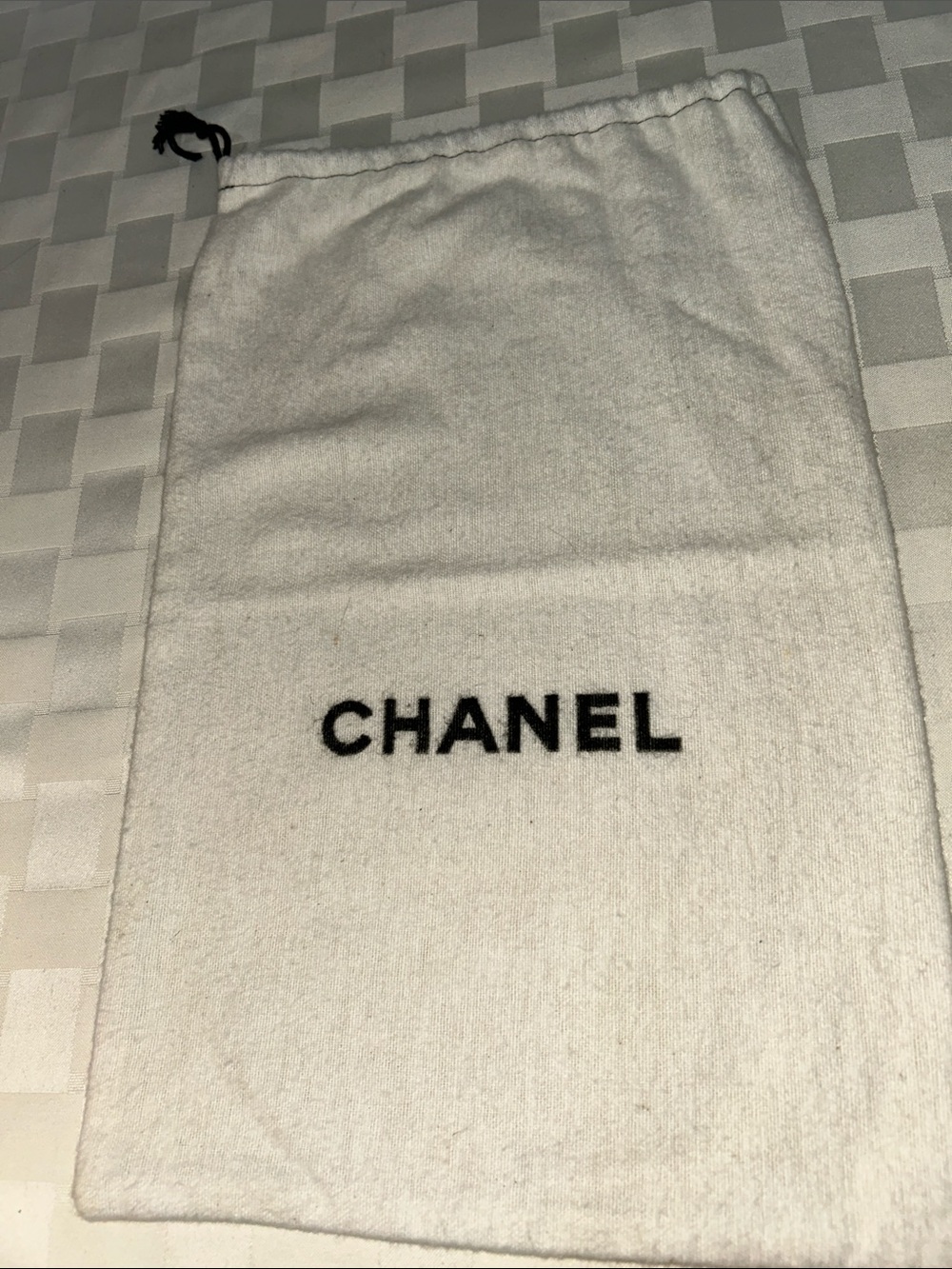 CHANEL White Dust Pouch with Black Logo